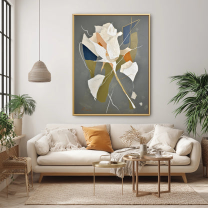 Original abstract floral art in a sunlit living room. Grey and gold painting tones harmonize with boho decor and green plants.