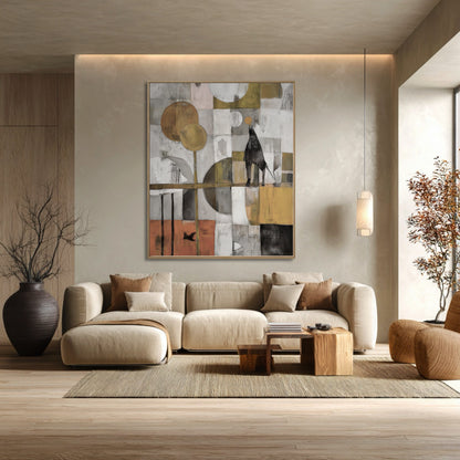 Large geometric artwork, featuring warm ochre, anchors the plush, beige sectional and natural wood tones of this living room.