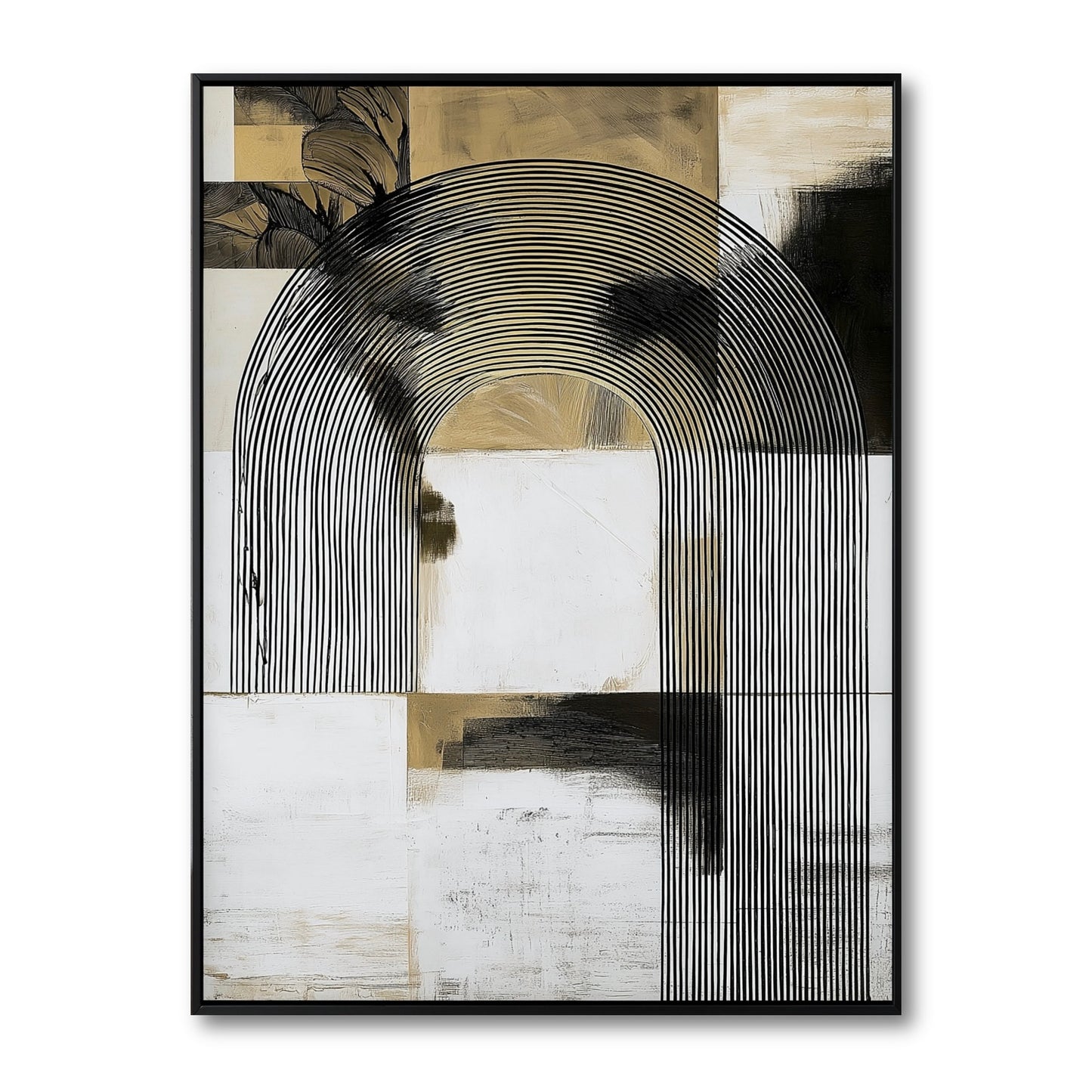 Original hand-painted vertical abstract painting. Black concentric arches contrast with beige and white geometric blocks in a black frame.