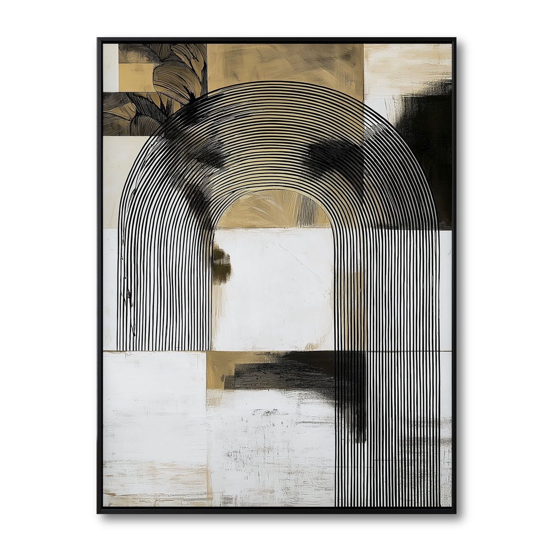 Original hand-painted vertical abstract painting. Black concentric arches contrast with beige and white geometric blocks in a black frame.