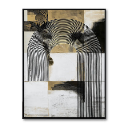 Original hand-painted vertical abstract painting. Black concentric arches contrast with beige and white geometric blocks in a black frame.