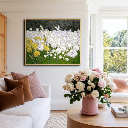 Sophisticated & Elegant Sophisticated space with original floral art. Pink roses and warm wood tones highlight the painting's high-contrast elegance.