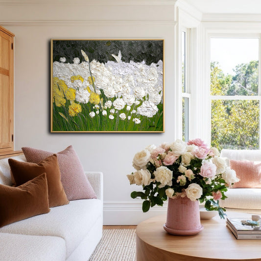 Sophisticated & Elegant Sophisticated space with original floral art. Pink roses and warm wood tones highlight the painting's high-contrast elegance.