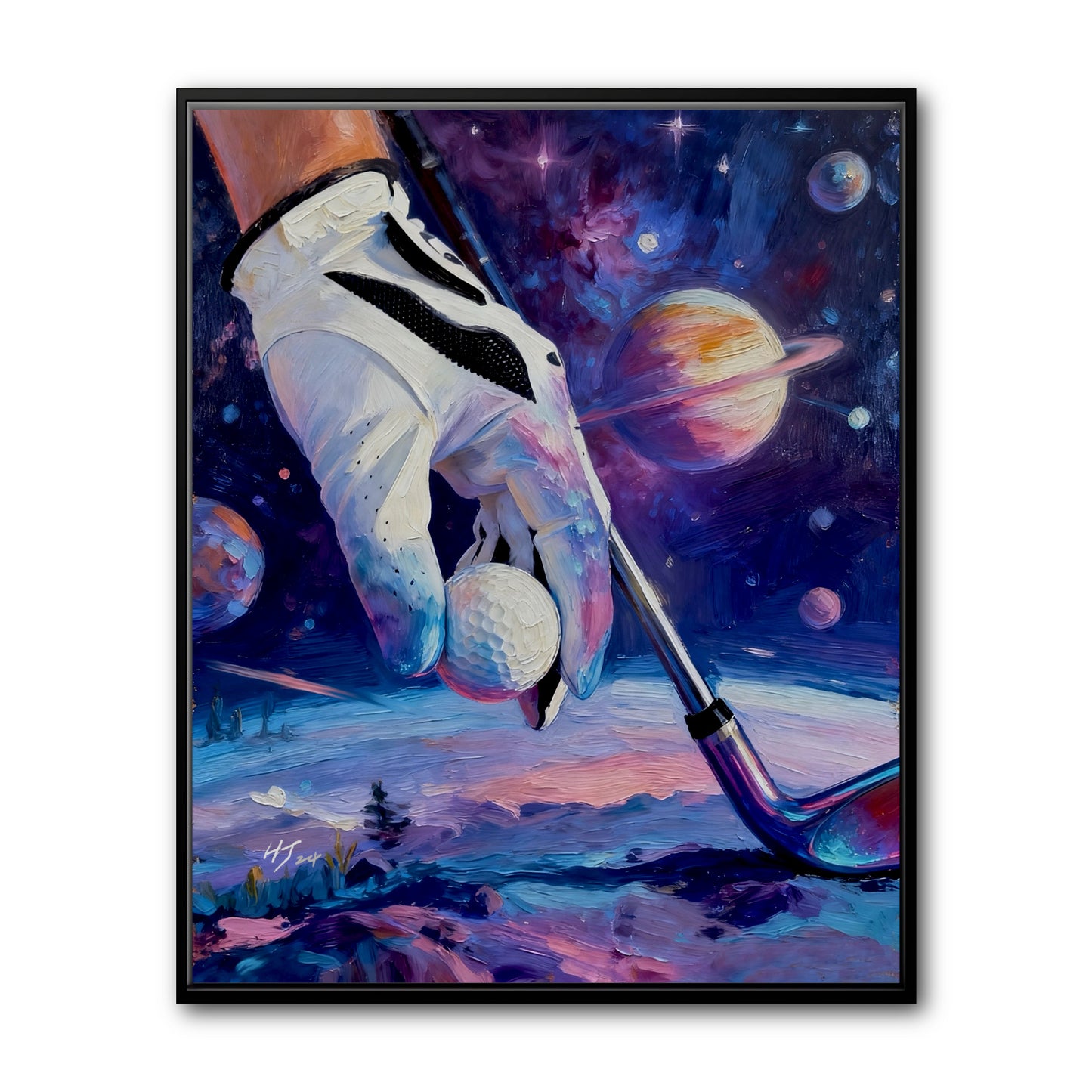 Original cosmic golf oil painting. Surreal hand teeing ball in space with planets. Textured blue and purple wall art decor.
