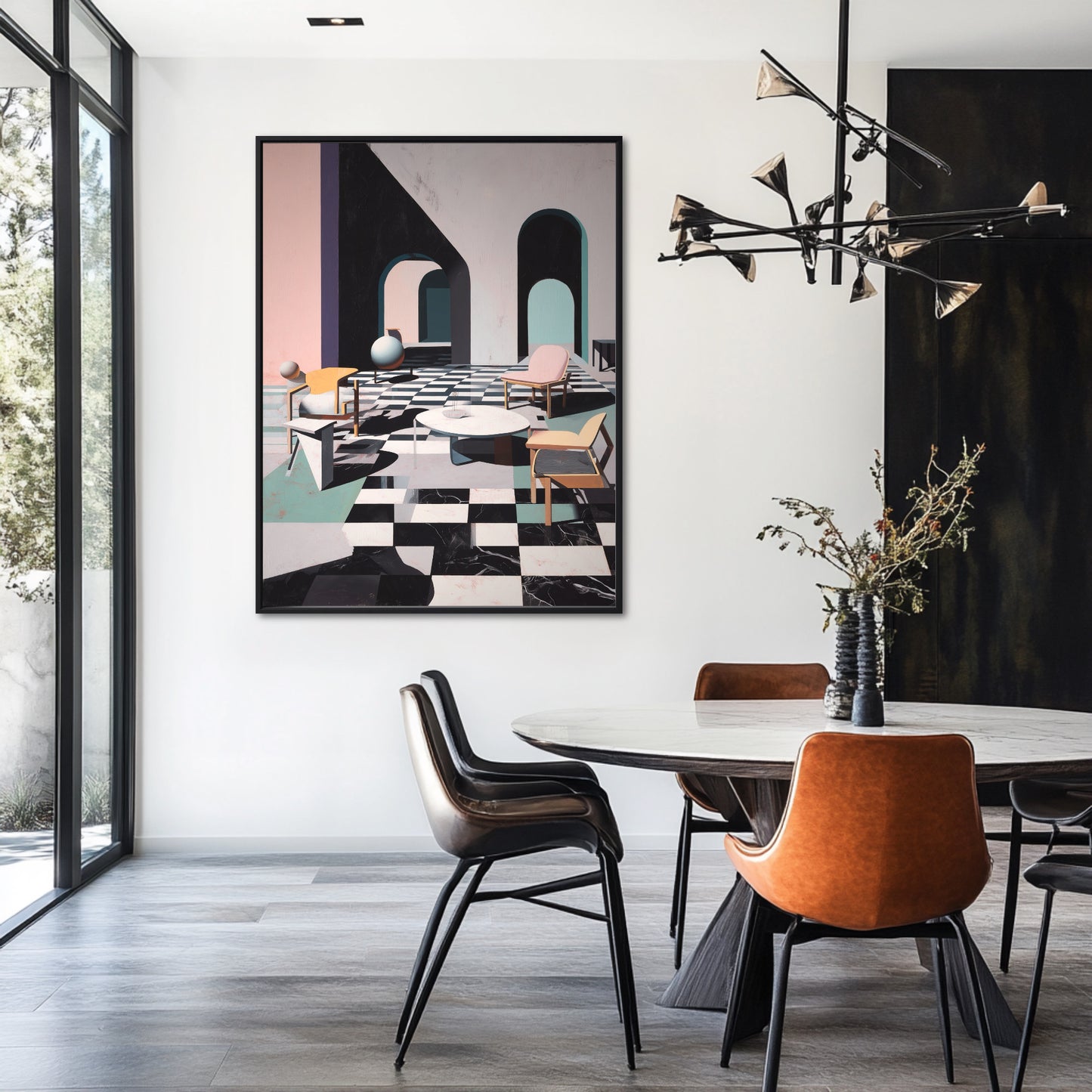 Abstract architectural art commands a bright, modern dining area with glass walls, a marble table, and warm orange leather chairs.