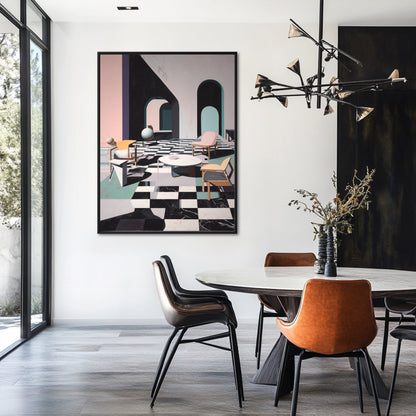 Abstract architectural art commands a bright, modern dining area with glass walls, a marble table, and warm orange leather chairs.