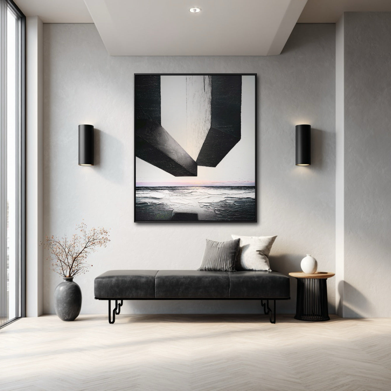 Massive original abstract art commands a spacious, contemporary atrium with high ceilings, concrete walls, and large windows; an imposing focal point.