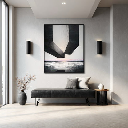 Massive original abstract art commands a spacious, contemporary atrium with high ceilings, concrete walls, and large windows; an imposing focal point.