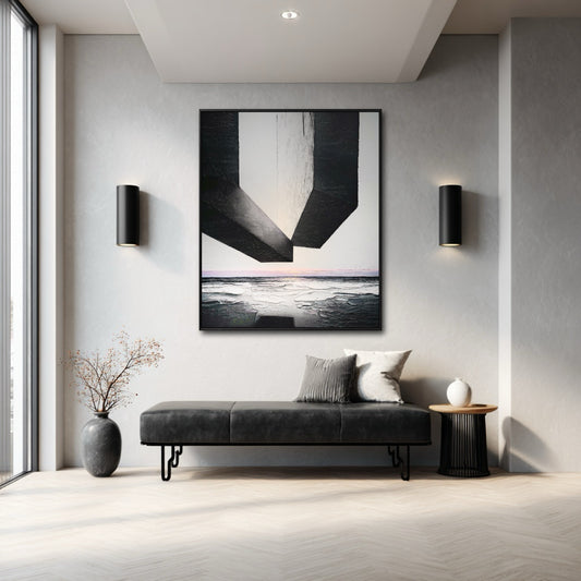 Massive original abstract art commands a spacious, contemporary atrium with high ceilings, concrete walls, and large windows; an imposing focal point.