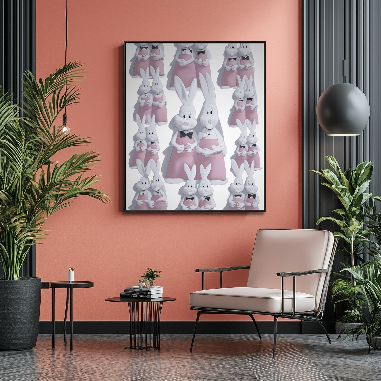 Warm-toned rabbit family painting with pink accents pops against a bold coral wall and dark trim in a modern, eclectic lounge area.