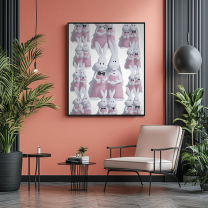 Warm-toned rabbit family painting with pink accents pops against a bold coral wall and dark trim in a modern, eclectic lounge area.