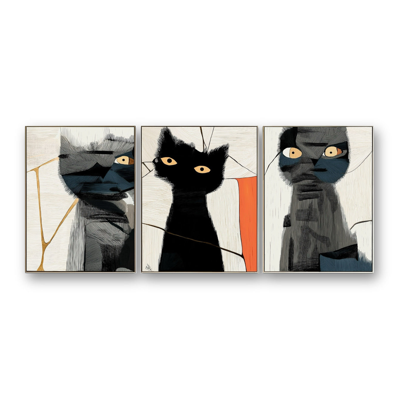 Original abstract triptych black cat art set, modern geometric feline portrait with gold lines, hand-painted style.