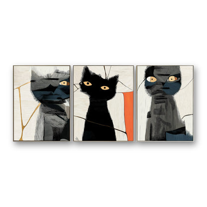 Original abstract triptych black cat art set, modern geometric feline portrait with gold lines, hand-painted style.