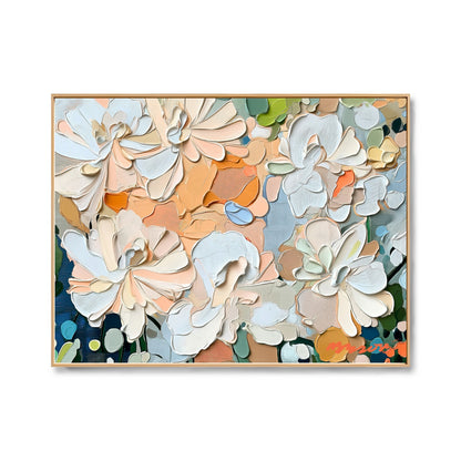 Original hand-painted abstract floral art: extreme texture forms petals in a balanced palette of peach, cream, and soft blue tones.
