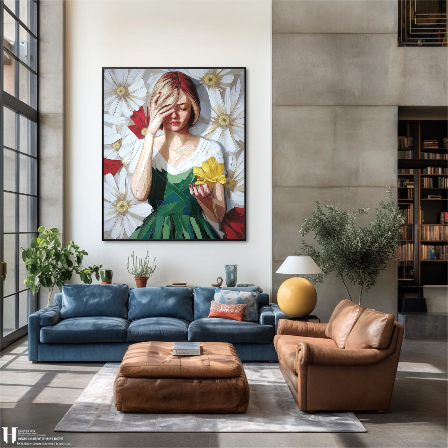 Large expressive original painting, distressed woman against daisies; bold color focal point in a high-ceiling, modern industrial loft with blue velvet sofa.