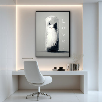 A whimsical cat painting adds a soft, personal touch to a sleek, all-white minimalist home office with integrated lighting.