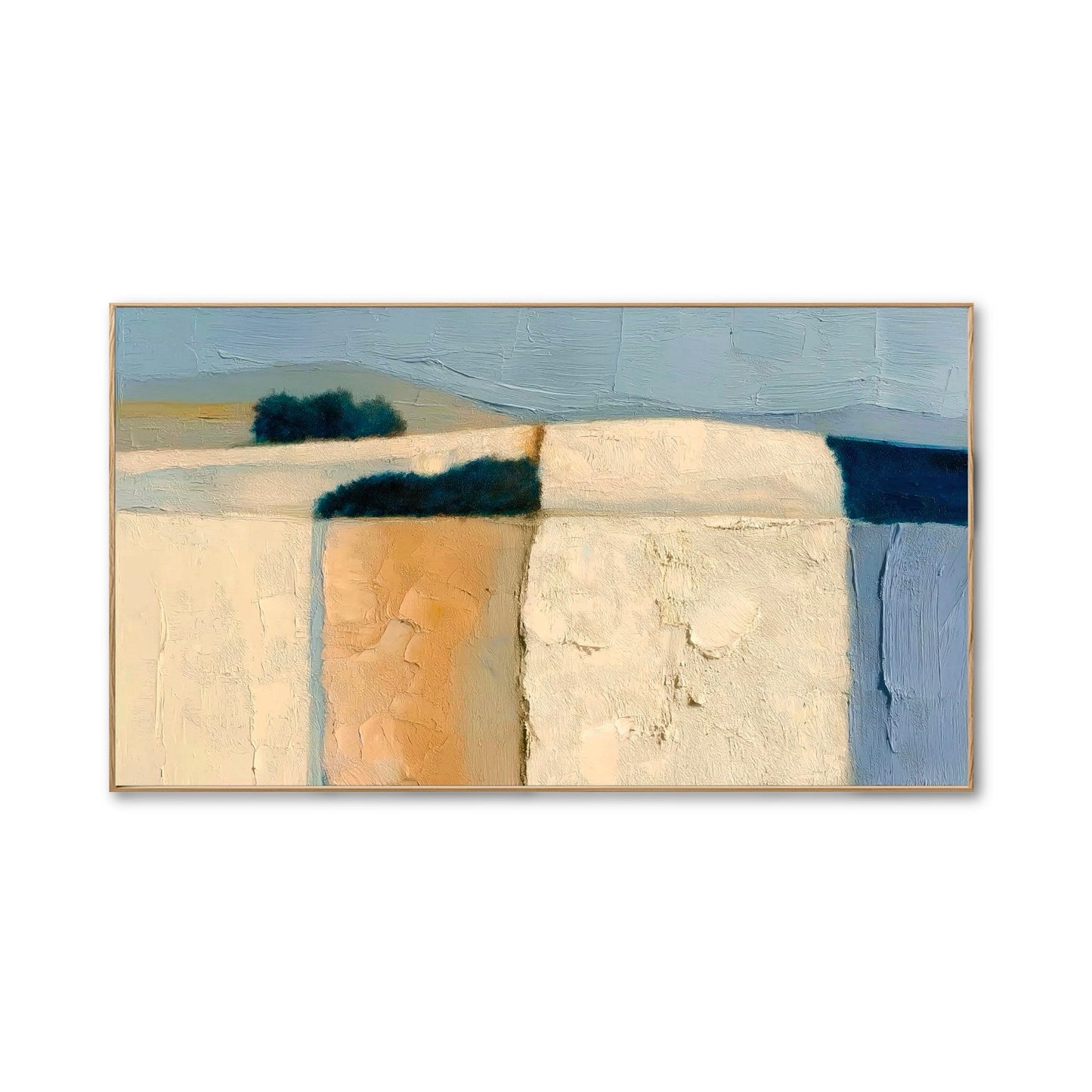 Original abstract landscape oil painting, contemporary textured art, neutral warm/cool tones, fields, hills, modern wall decor.