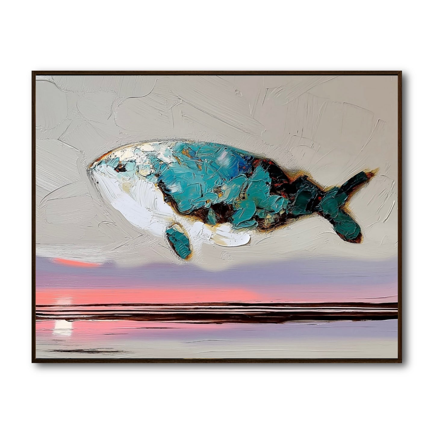 Original surrealist whale painting with heavy impasto texture. Cool teal contrasts with a warm pink sunset over a neutral gray sky.