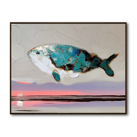 Original surrealist whale painting with heavy impasto texture. Cool teal contrasts with a warm pink sunset over a neutral gray sky.