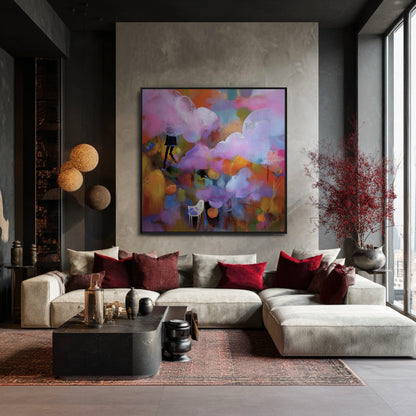 Modern living room with a colorful abstract painting on the wall, gray sofa with red pillows, and a coffee table.