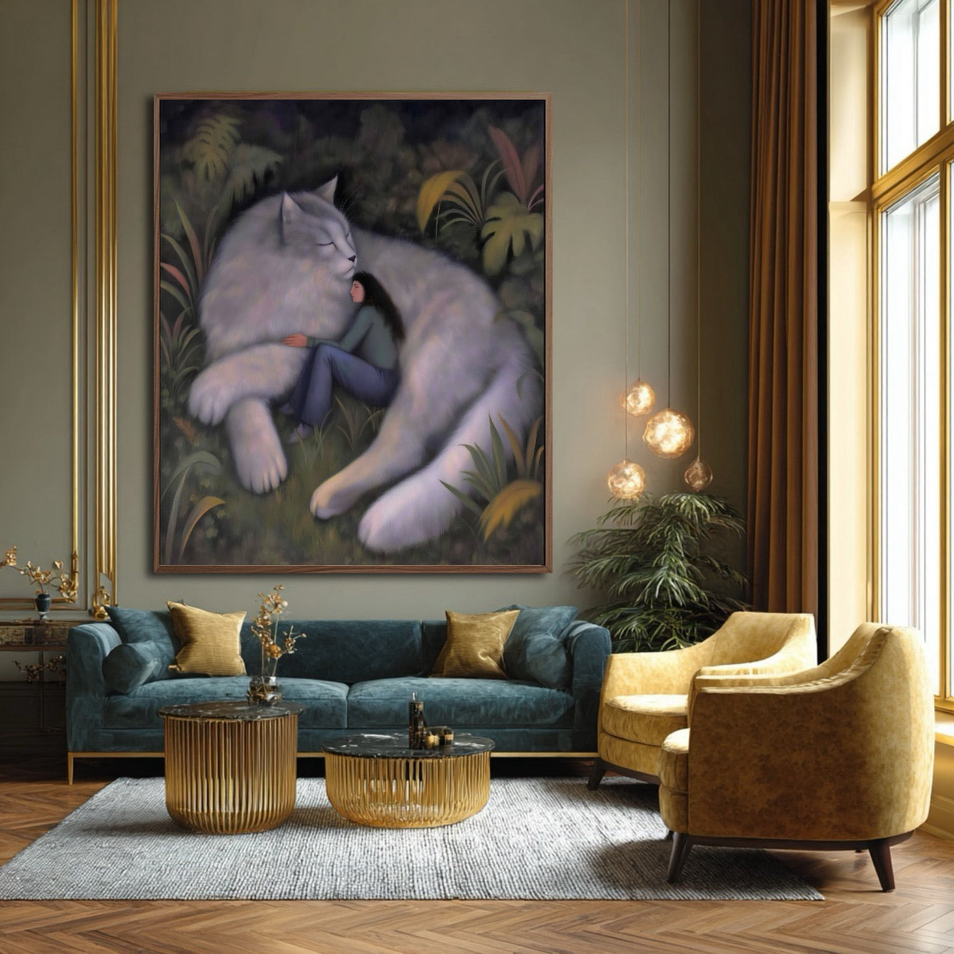 Statement surreal giant cat artwork anchors a luxurious room with teal sofa, gold accents, and mustard chairs, elevating the decor.
