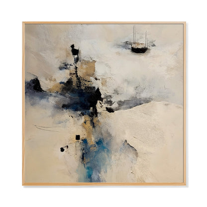 Original abstract oil painting: layered impasto texture, dark blue/gold/beige colors; minimalist seascape/landscape with a cool and neutral orientation.