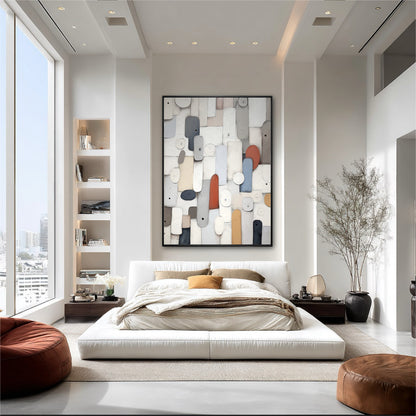 Modern bedroom with abstract art on the wall, large windows, and minimal decor.