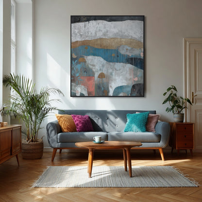 Abstract textured landscape art provides a sophisticated, cool focal point over the mid-century modern blue sofa and wood table.
