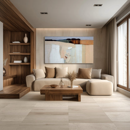 Modern abstract artwork complementing a minimalist living space with clean lines, warm wood accents, and soft, understated decor.