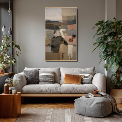 Abstract art seamlessly integrates with the sophisticated gray walls, patterned pillows, and lush plants in this modern urban living room.