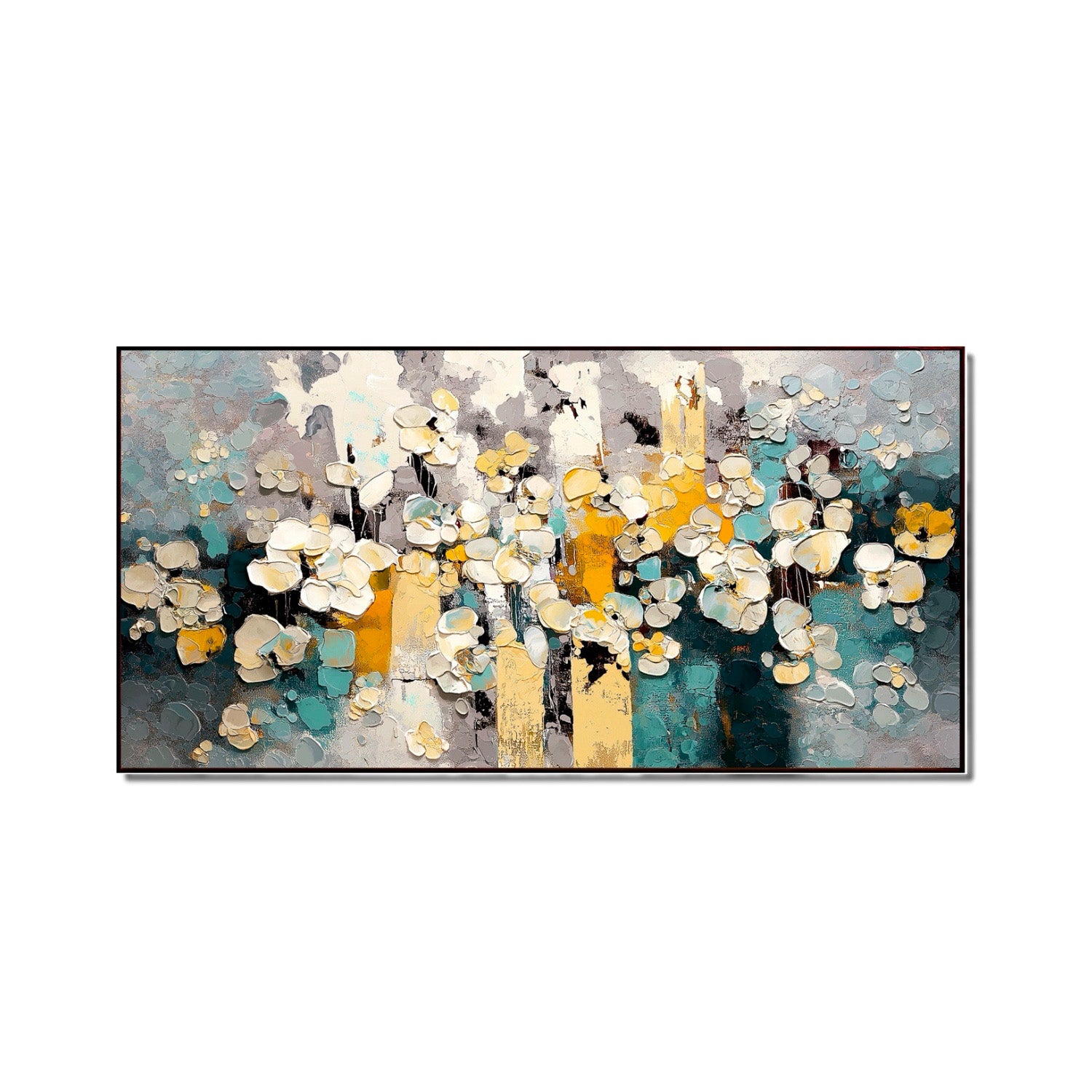 Original hand-painted Abstract Impasto Floral art. Highly textured cold-toned background with bright gold and white blooms. Modern art.