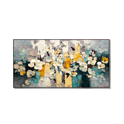 Original hand-painted Abstract Impasto Floral art. Highly textured cold-toned background with bright gold and white blooms. Modern art.