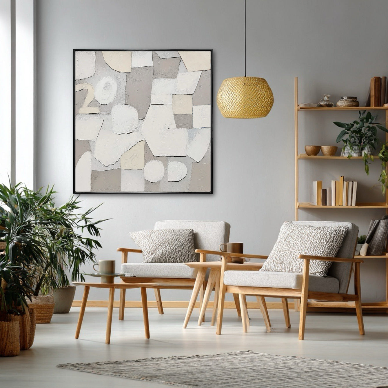 Modern living room with abstract art, wooden furniture, and plants.