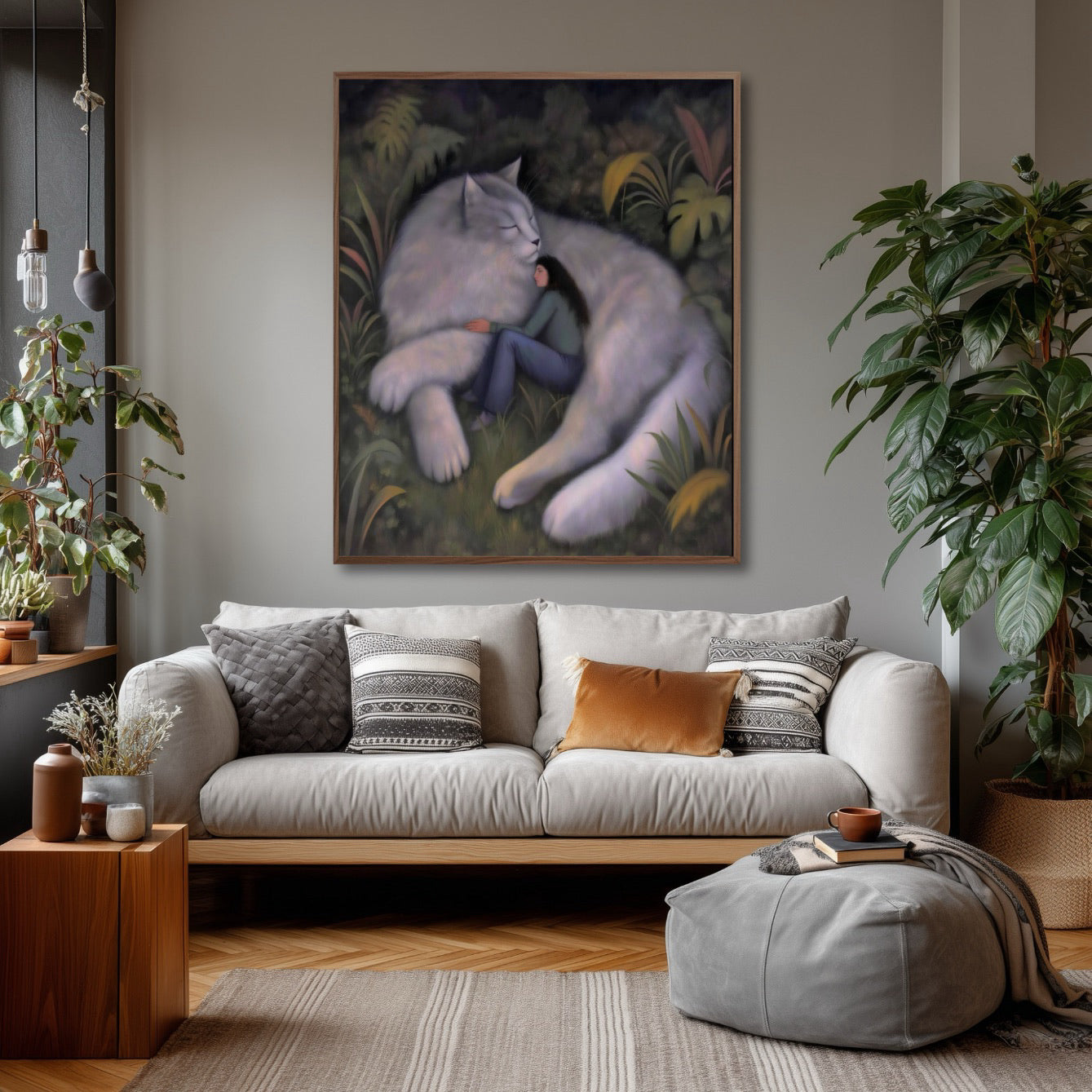 Large surreal cat painting blends with a minimalist, neutral-toned living room, enhancing the serene and inviting atmosphere.
