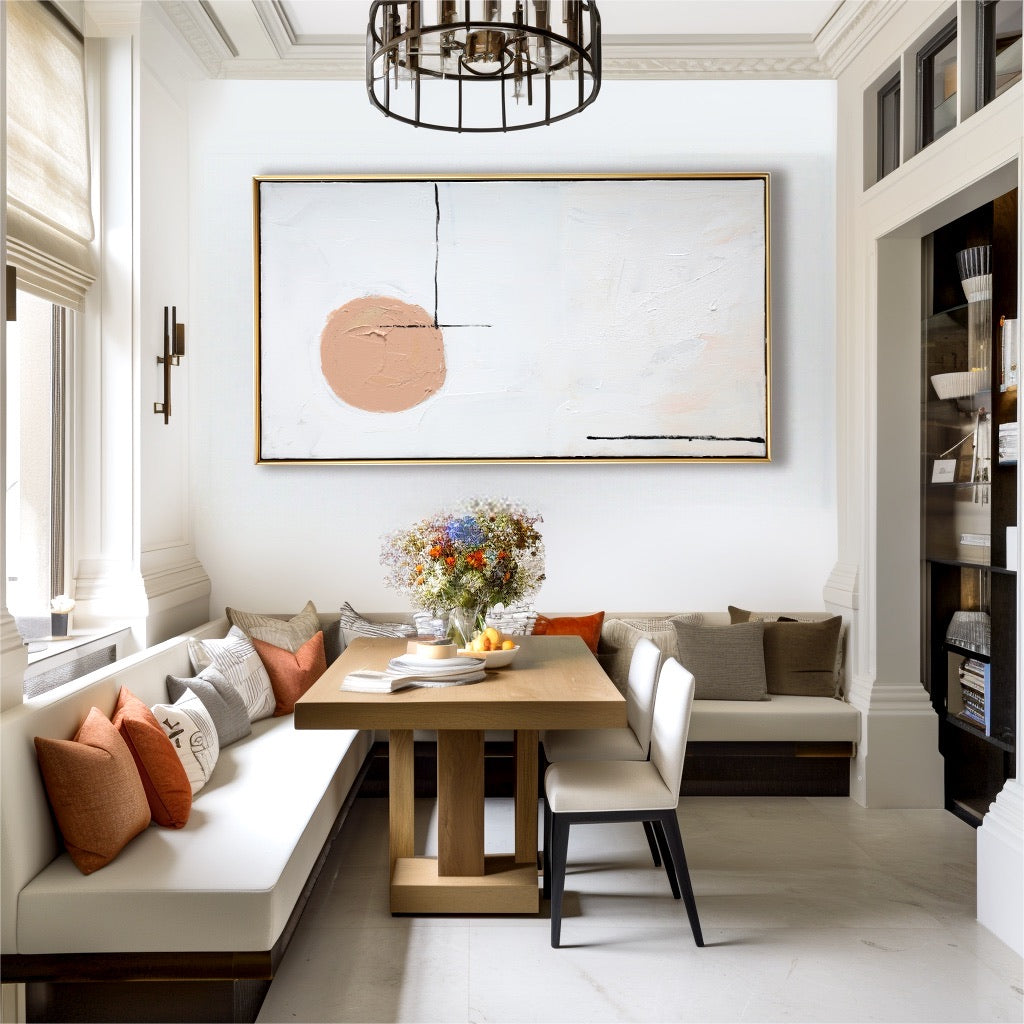 Modern dining room with a wooden table, chairs, and a large abstract painting on the wall.