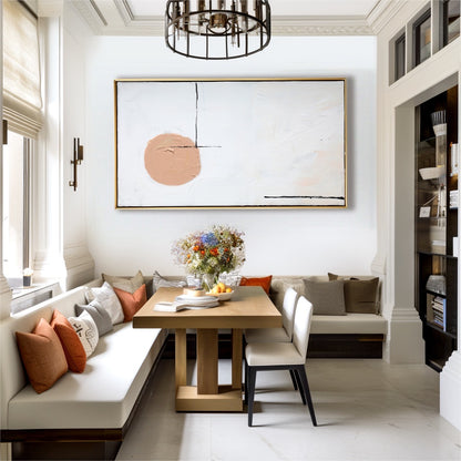 Modern dining room with a wooden table, chairs, and a large abstract painting on the wall.