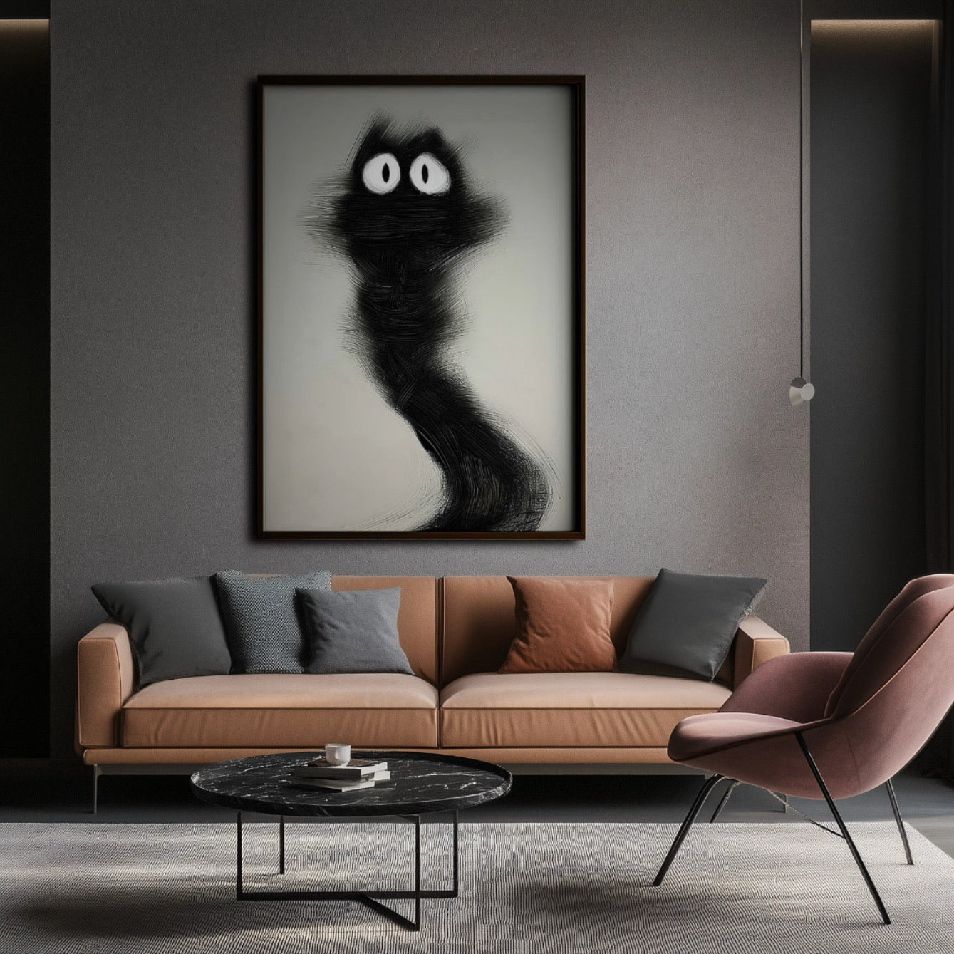 Minimalist black scribble cat art above a tan leather sofa, injecting a quirky, modern edge into a dark-walled living room.
