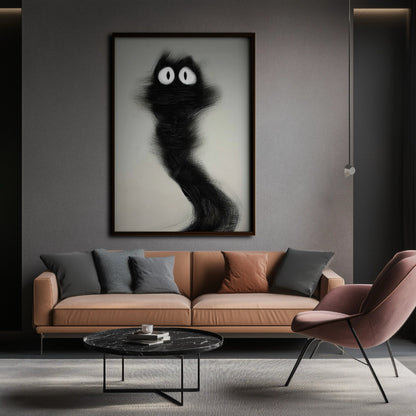 Minimalist black scribble cat art above a tan leather sofa, injecting a quirky, modern edge into a dark-walled living room.