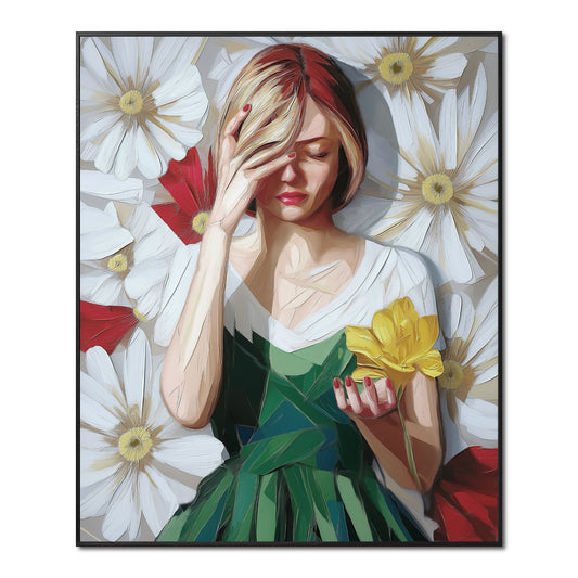 Original impasto oil painting: red-haired woman with yellow flower, hand over face, expressionist floral background, white/green/yellow tone.