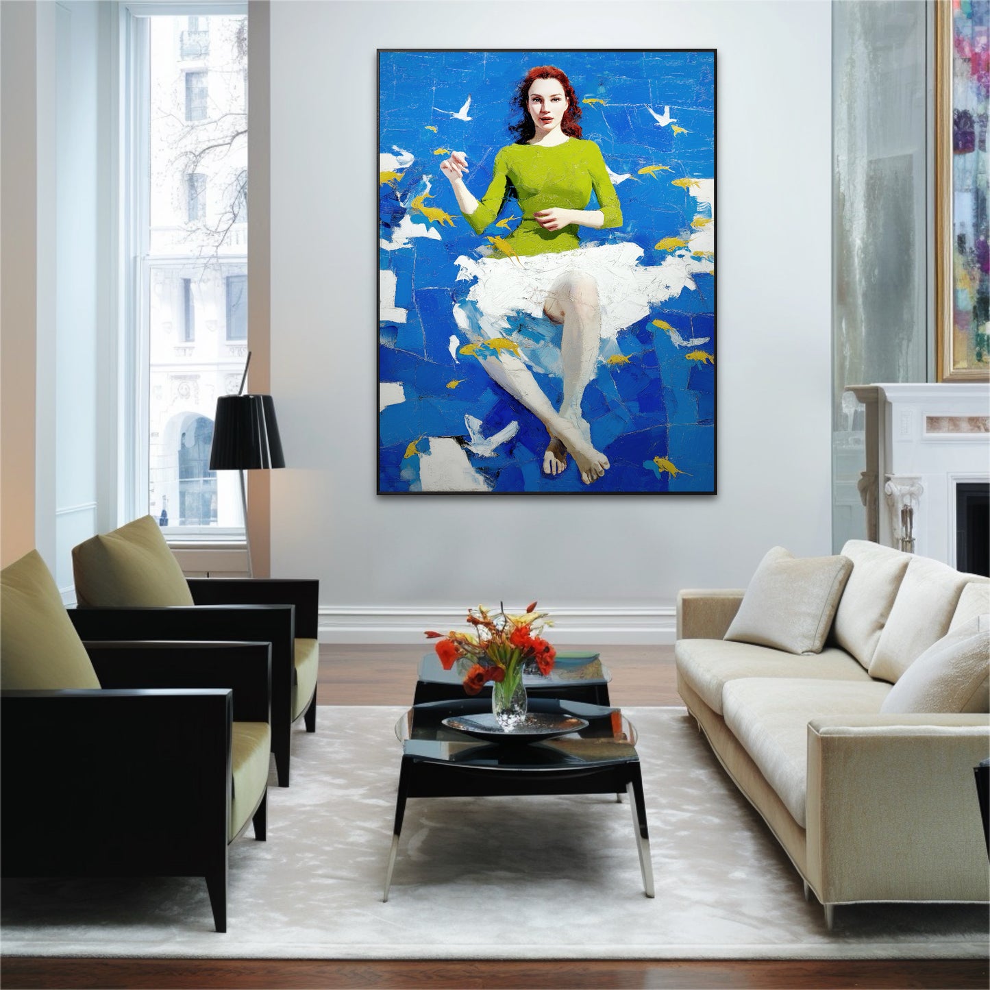 Dynamic figurative painting illuminates a bright, eclectic home office with a view; contrasting with dark furniture and a cozy rug, adding an artistic touch.