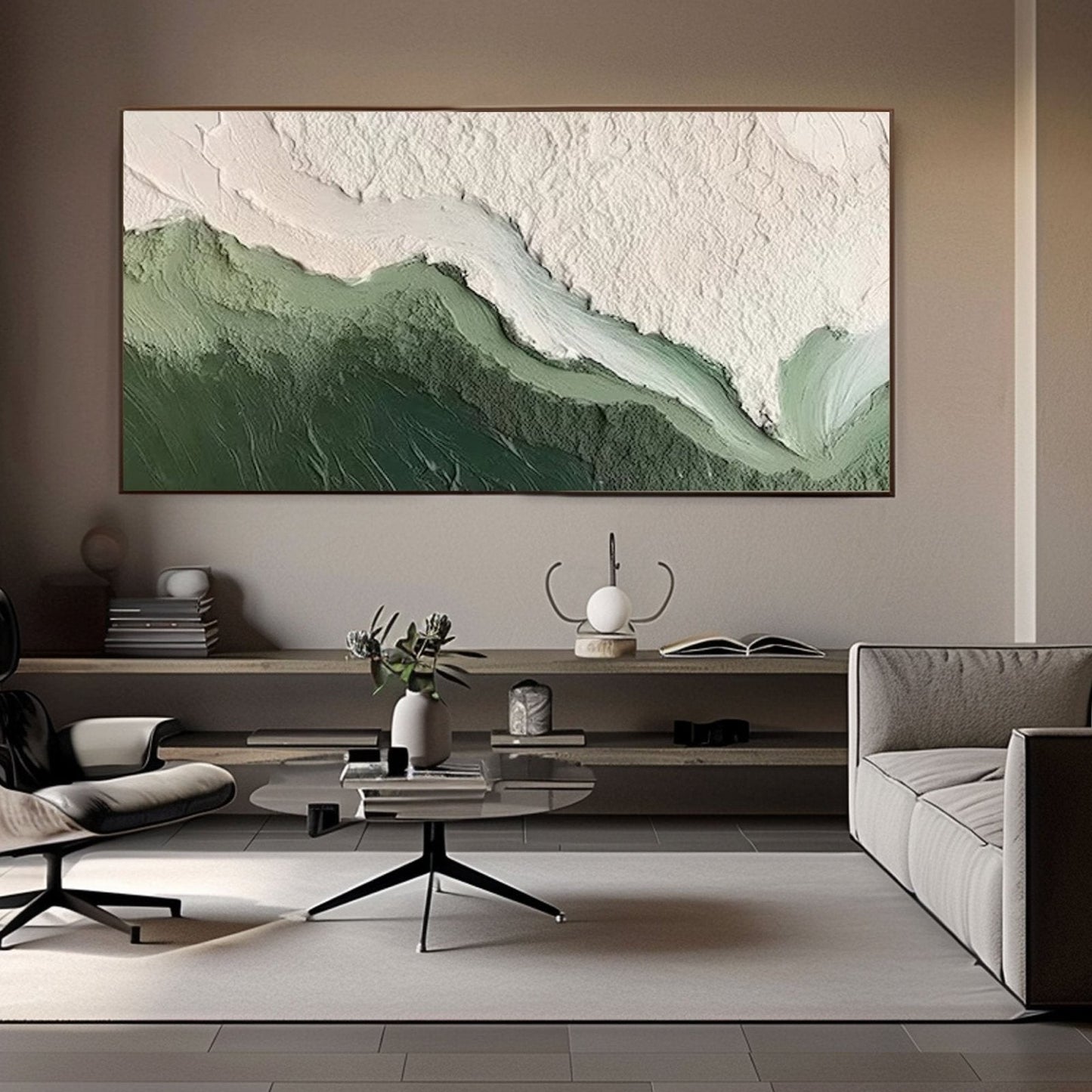 Original art over a sleek shelf, adding a calming natural accent to a mid-century modern room with a light grey sofa.