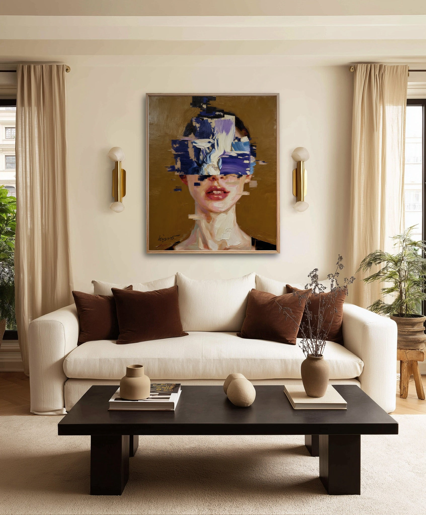 Large abstract portrait hanging above a white sofa in a chic living room with brown pillows and matching wall sconces.