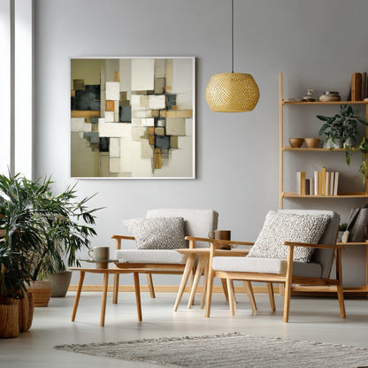 A room pic shows an expressionist deco painting, creating elegant, calm, minimalist, vintage, cozy, and sophisticated vibes.