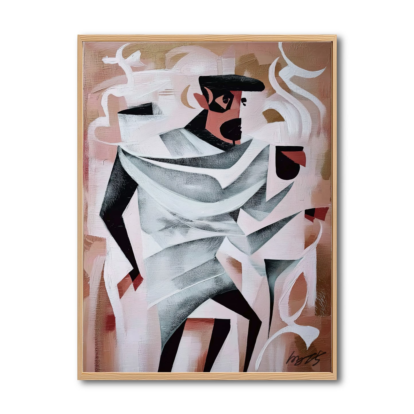 Original geometric cubist painting of a man. Warm beige and black abstract art canvas featuring sharp contrasts for modern decor.