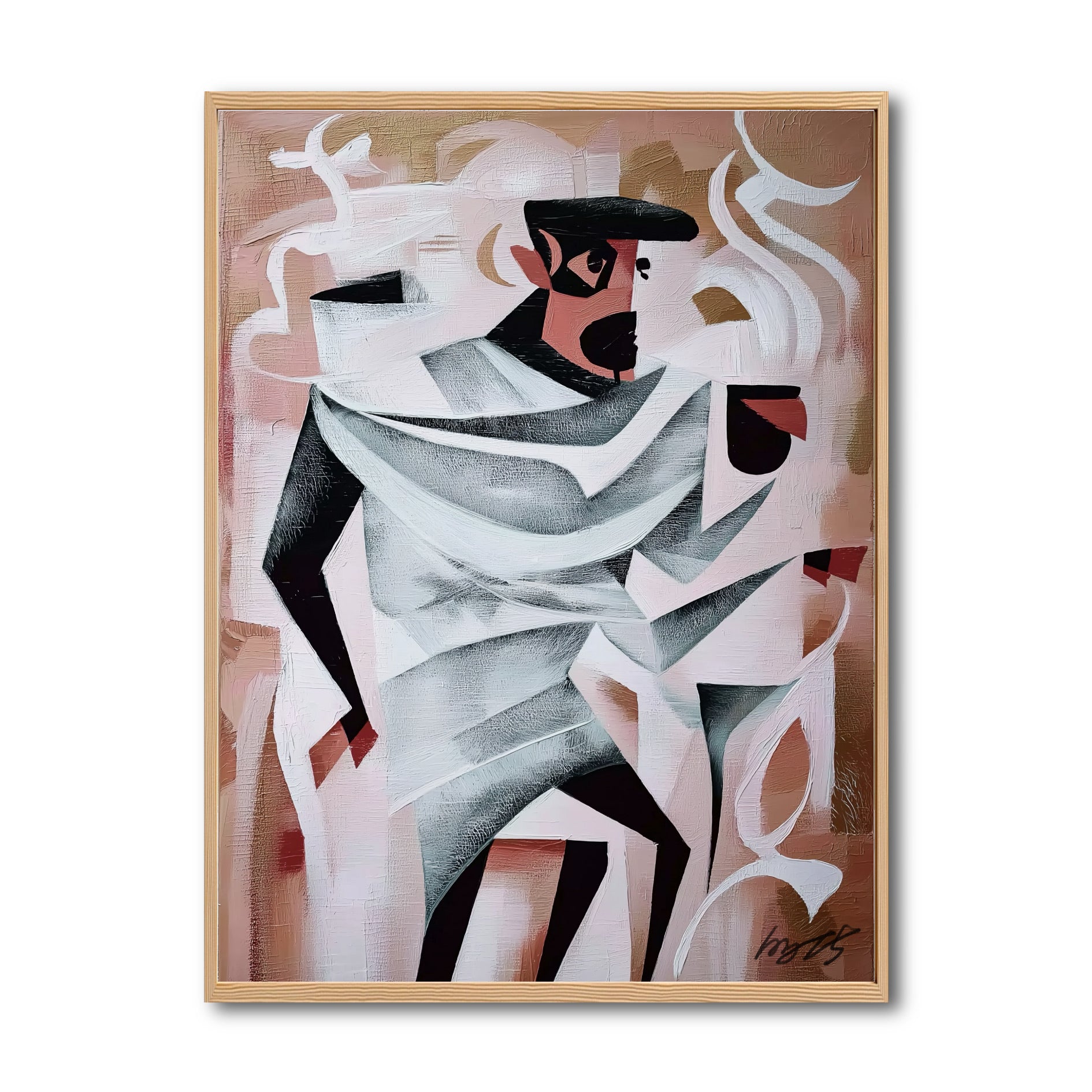 Original geometric cubist painting of a man. Warm beige and black abstract art canvas featuring sharp contrasts for modern decor.