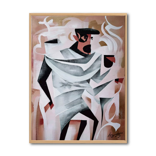 Original geometric cubist painting of a man. Warm beige and black abstract art canvas featuring sharp contrasts for modern decor.