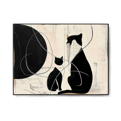 Original abstract mother and kitten painting. Black silhouette fine art with high texture, expressive lines. Neutral/cool.