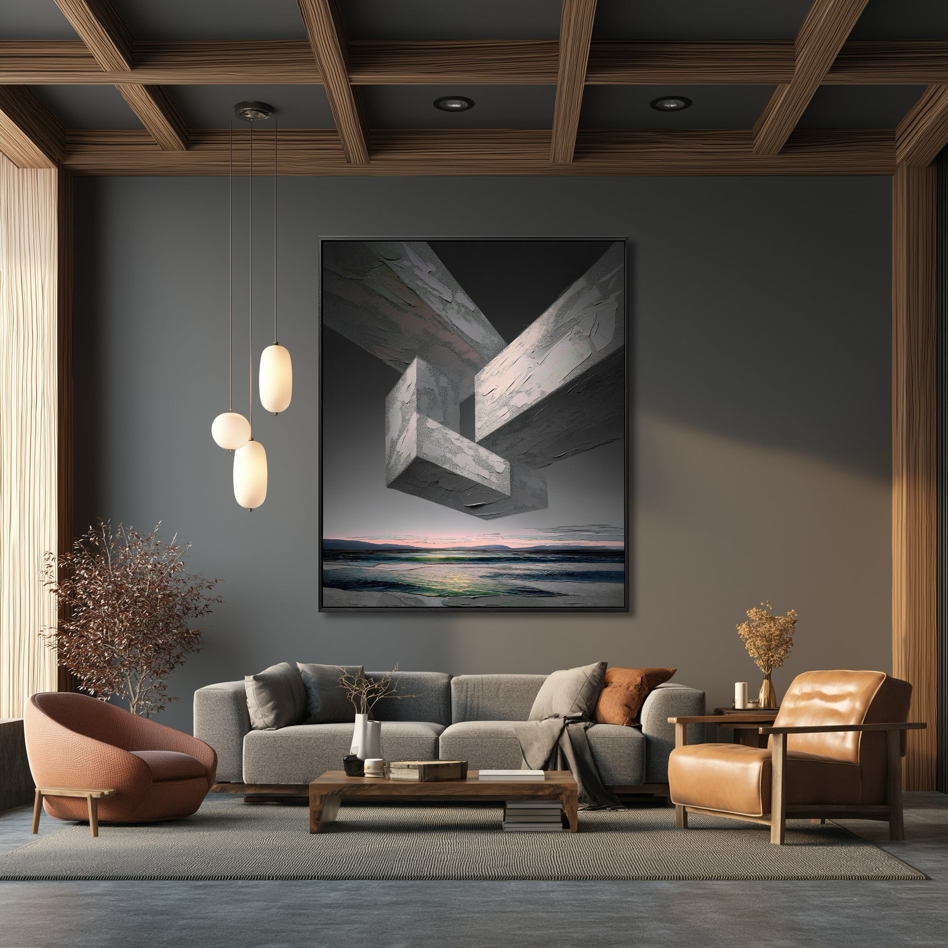 Original abstract art adding drama to a natural-toned living room with warm leather and orange seating, dark walls, and a wood coffered ceiling.