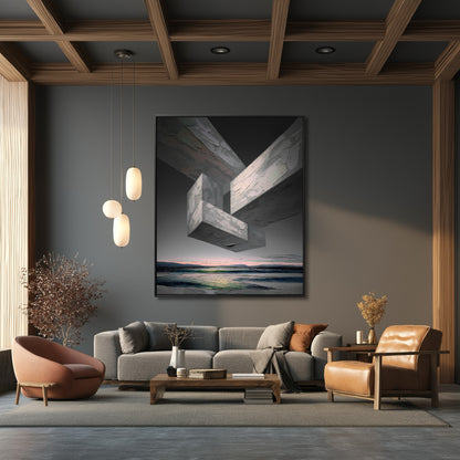Original abstract art adding drama to a natural-toned living room with warm leather and orange seating, dark walls, and a wood coffered ceiling.