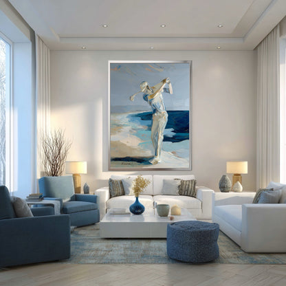 Abstract golf art in bright family room. Cool ocean blues match armchairs and white decor for a cohesive, airy coastal style.